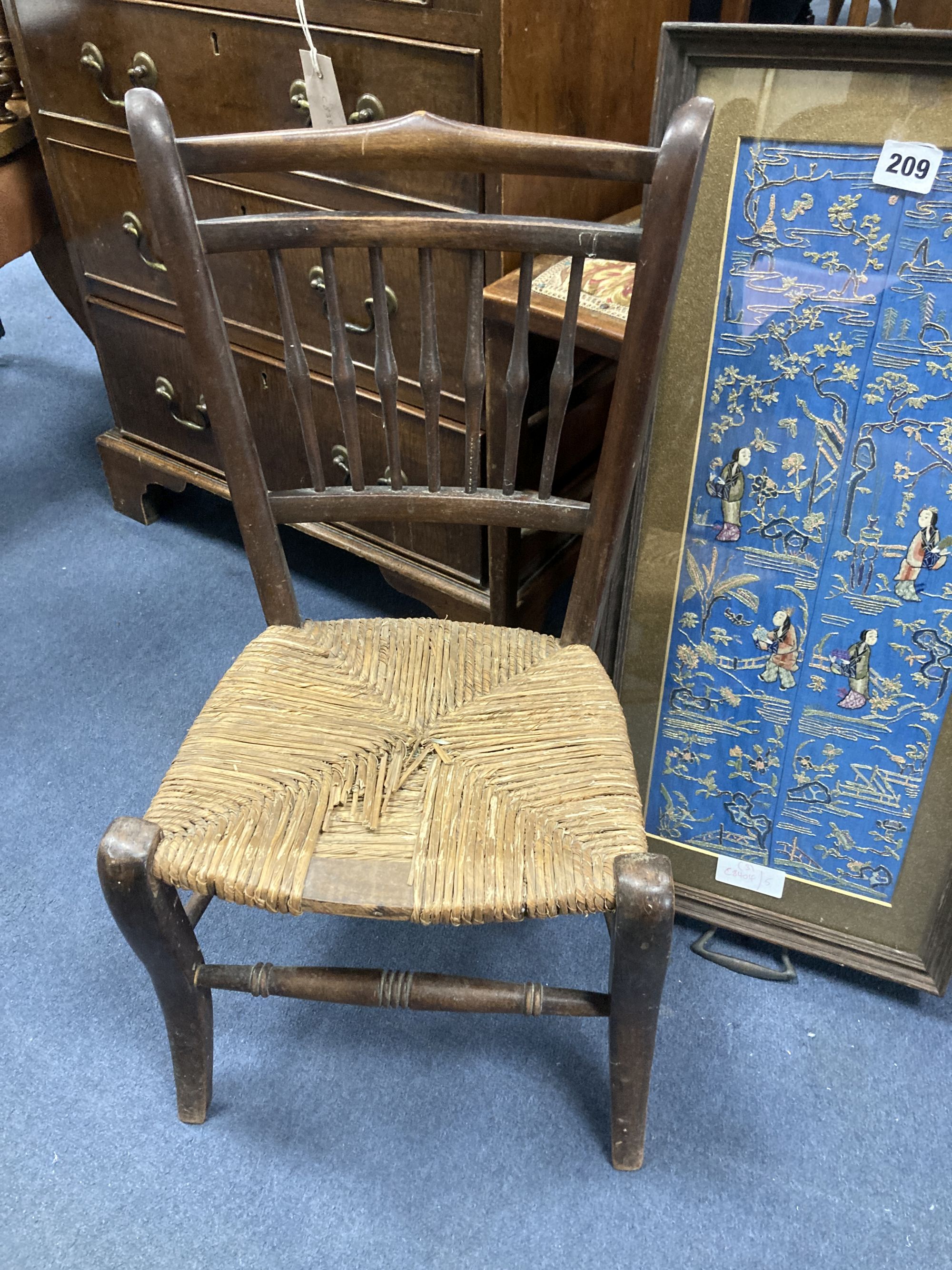 An Edwardian childs chair, another and a tray